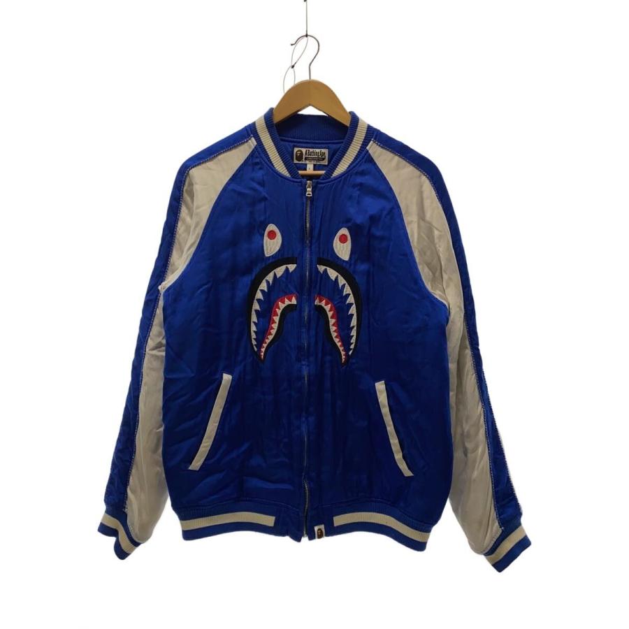 A BATHING APE◇16AW/SHARK/スカジャン/L/レーヨン/BLU : セカンド