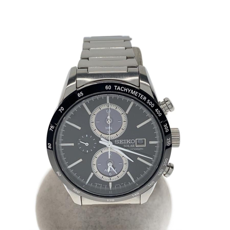 SEIKO◇ソーラー腕時計/アナログ/ステンレス/BLK/SLV/V172-0AP0