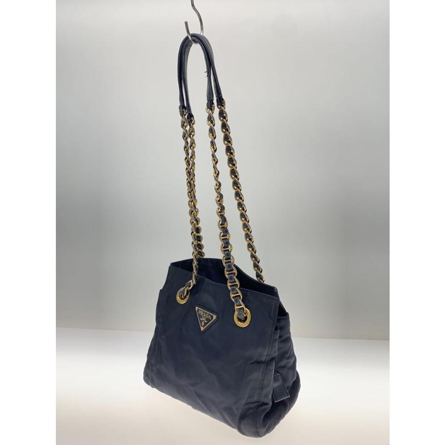 プラダ ハンド トートバッグ ナイロン チェーン ブラック 黒 三角ロゴ レザー PRADA◇トートバッグ/ナイロン/BLK/無地/三角ロゴ/チェーン/状態考慮