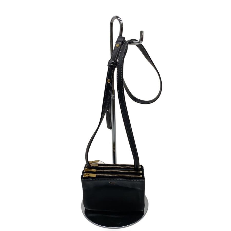 CELINE トリオショルダーバッグ ブラック　スモール CELINE◇ショルダーバッグ/トリオ ミニ/ロゴ/スモール/レザー/BLK
