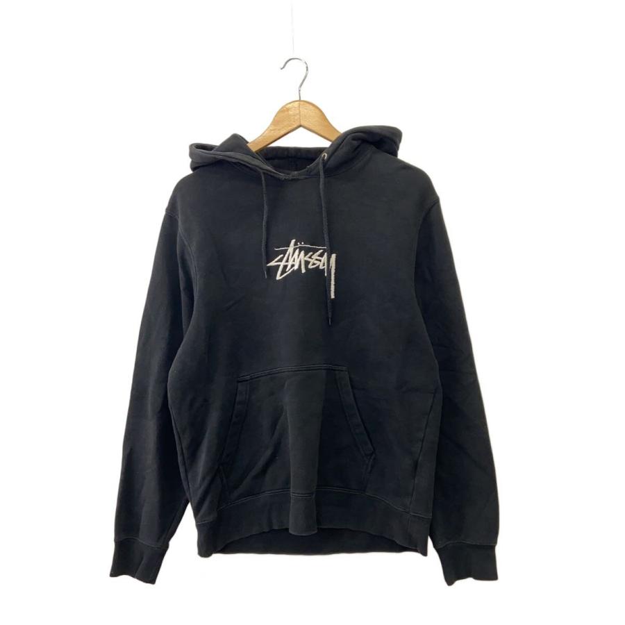 STUSSY◇フロントロゴ刺繍/フーディー/パーカー/S/コットン/ブラック