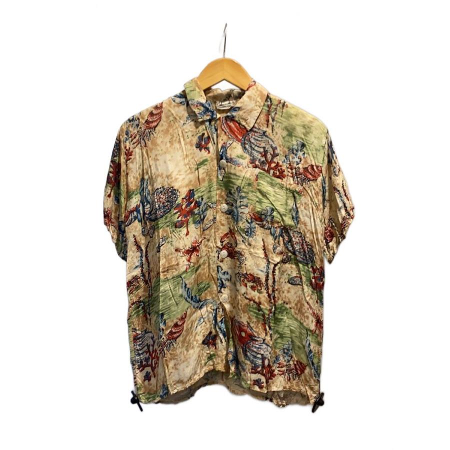 Vintage/50s〜/アロハシャツ/レーヨン/ベージュ/総柄/猫目ボタン
