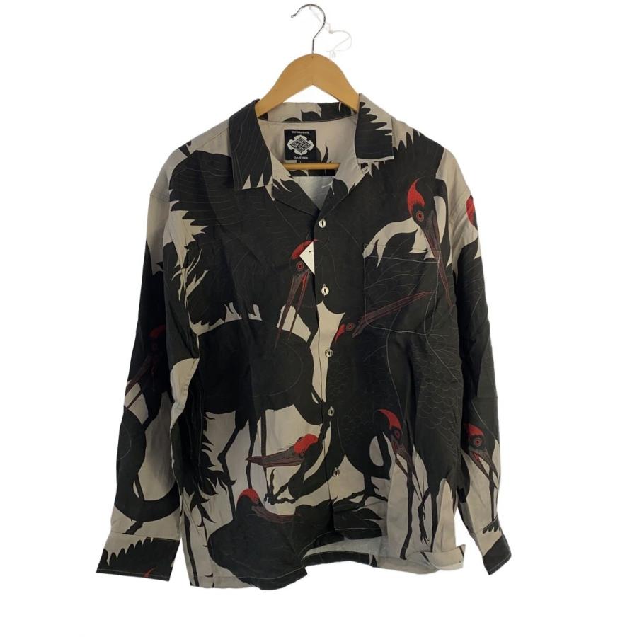 BUDSPOOL◇×GAKKIN/赤目鶴 L/S HAWAIIAN SHIRT/L/レーヨン/GRY