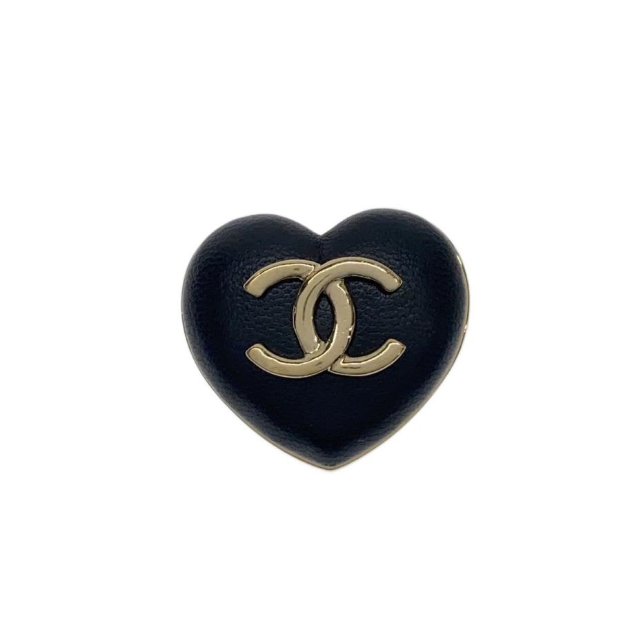CHANEL◇22AW/ハートモチーフ/ココマーク/ブローチ/レザー/ブラック