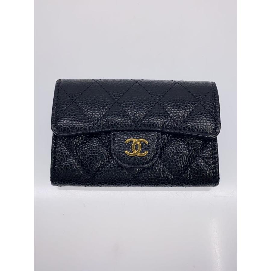 CHANEL◇カードケース/レザー/BLK/レディース/マトラッセ/キャビア