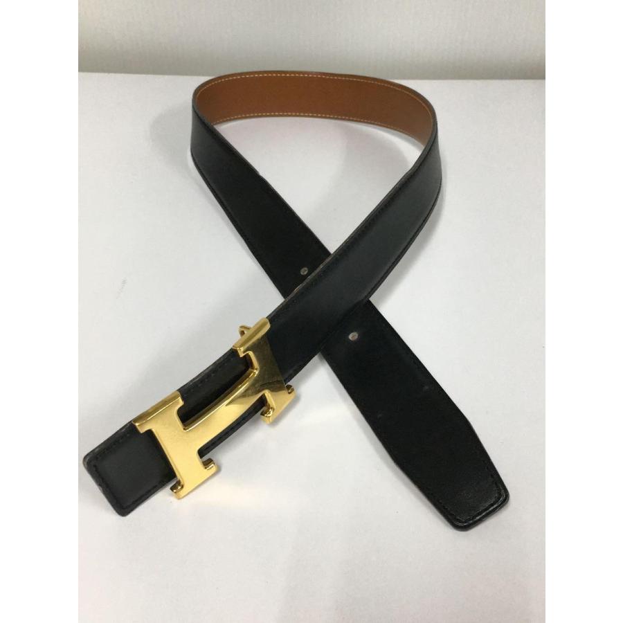 HERMES◇HERMES エルメス Hベルト/65cm/レザー/BLK/レディース