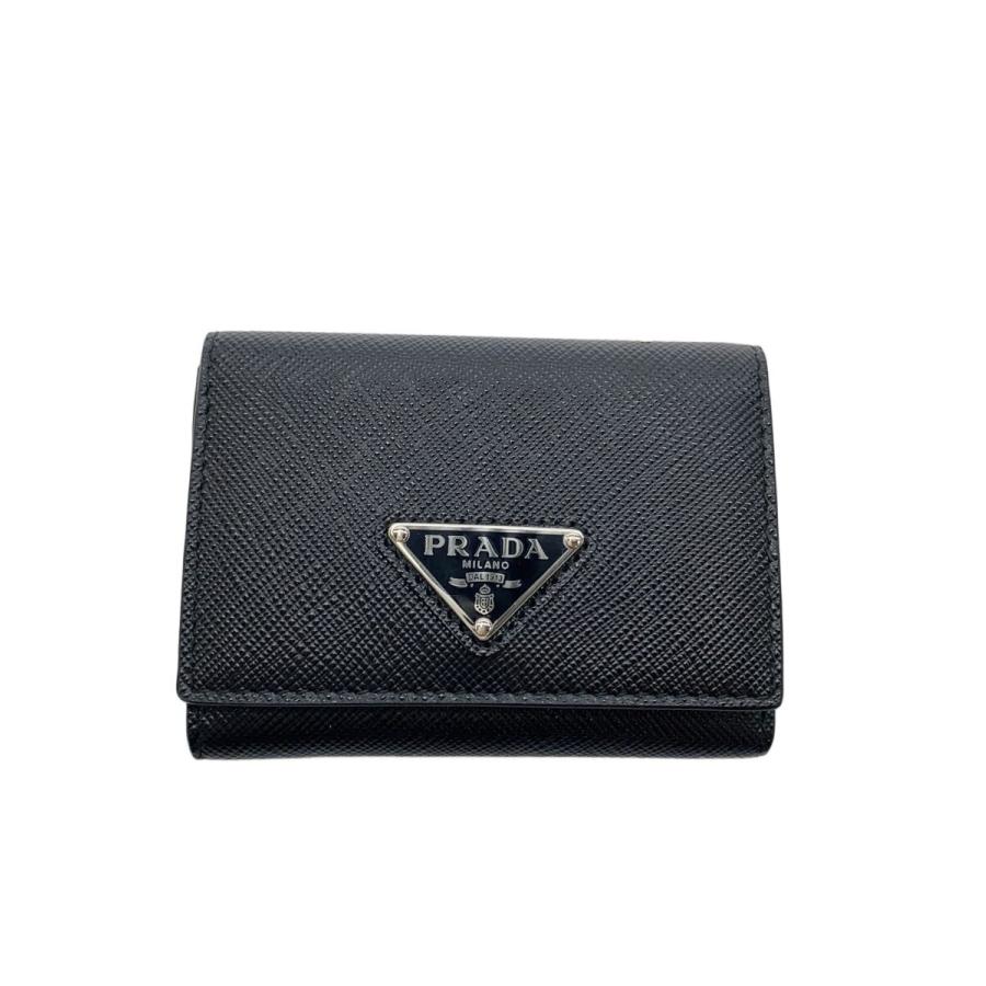 PRADA◇サフィアーノ/トライアングルロゴ/3つ折り財布/レザー/BLK/無地
