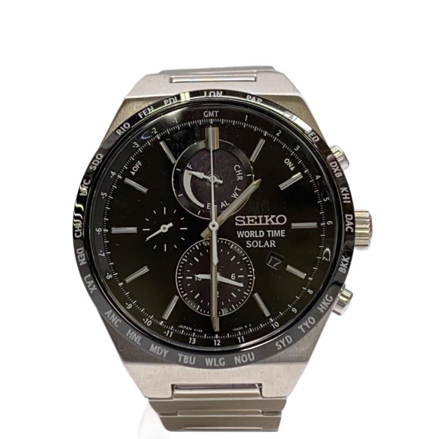 SEIKO◇ソーラー腕時計/アナログ/ステンレス/BLK/SLV/V195-0AE0