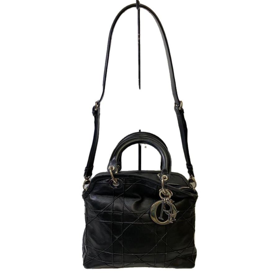 本物■ディオール■グランヴィル カナージュ レザー ショルダー ハンドバッグ Christian Dior◇グランヴィルカナージュ/ショルダーバッグ/レザー/BLK