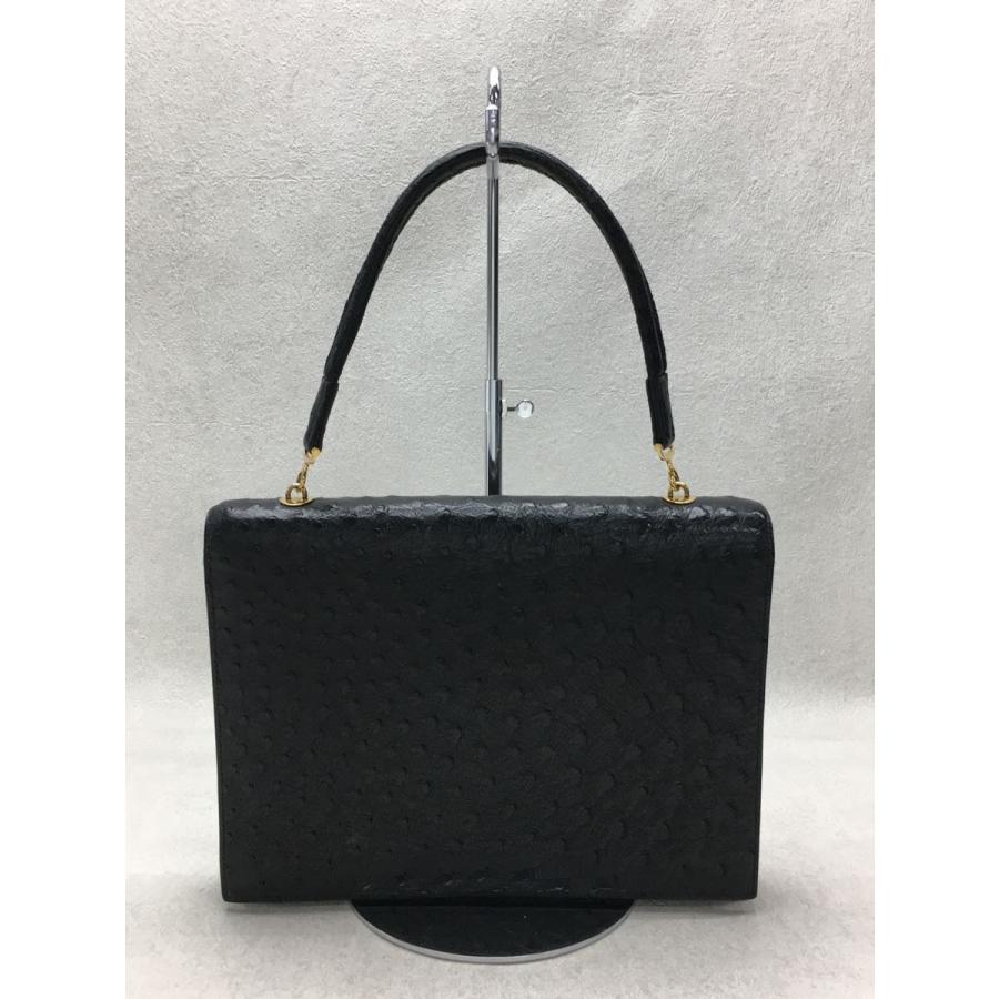 HERMES◇オーストリッチ/〇H刻印/ハンドバッグ/レザー/BLK