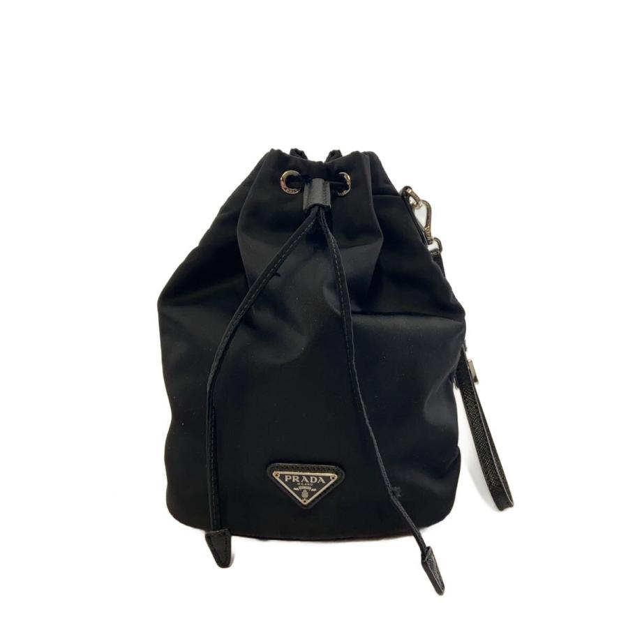 PRADA◇RE-NYLON/巾着/三角プレート/若干傷有/ポーチ/ナイロン/BLK