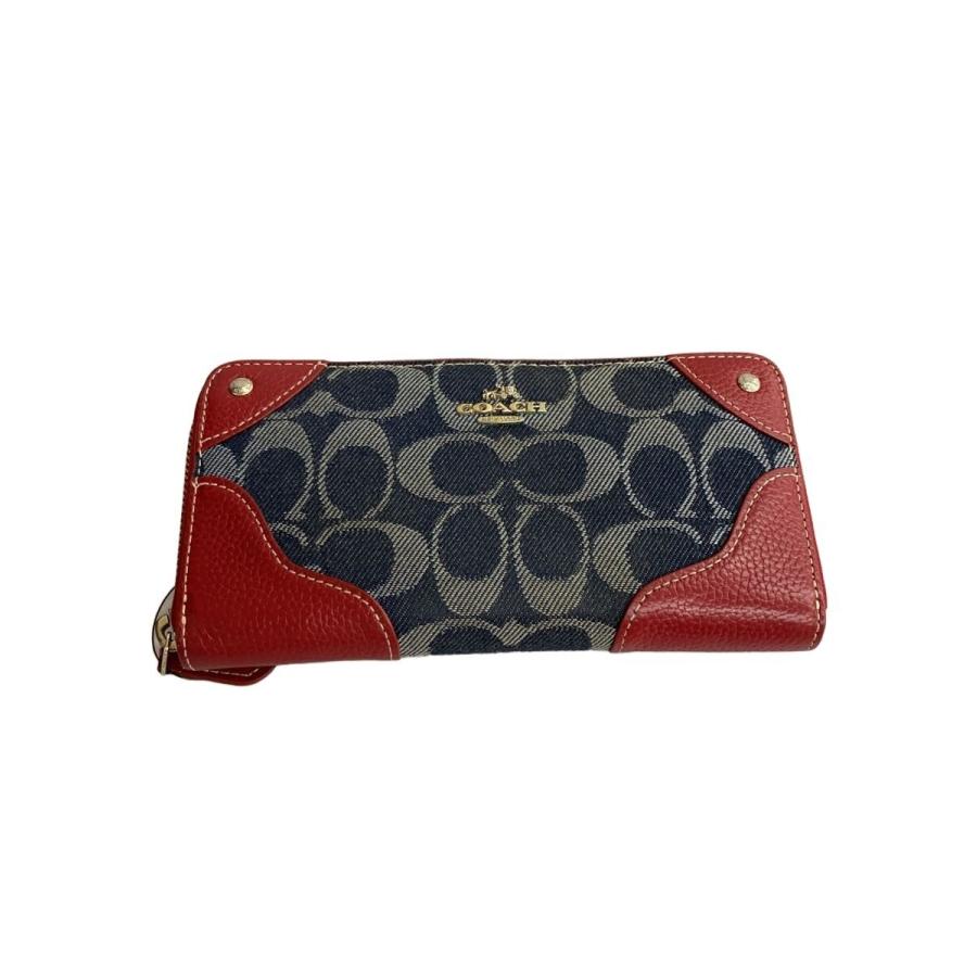 COACH◇シグネチャーラウンドレッド長財布/キャンバス/インディゴ/総柄 