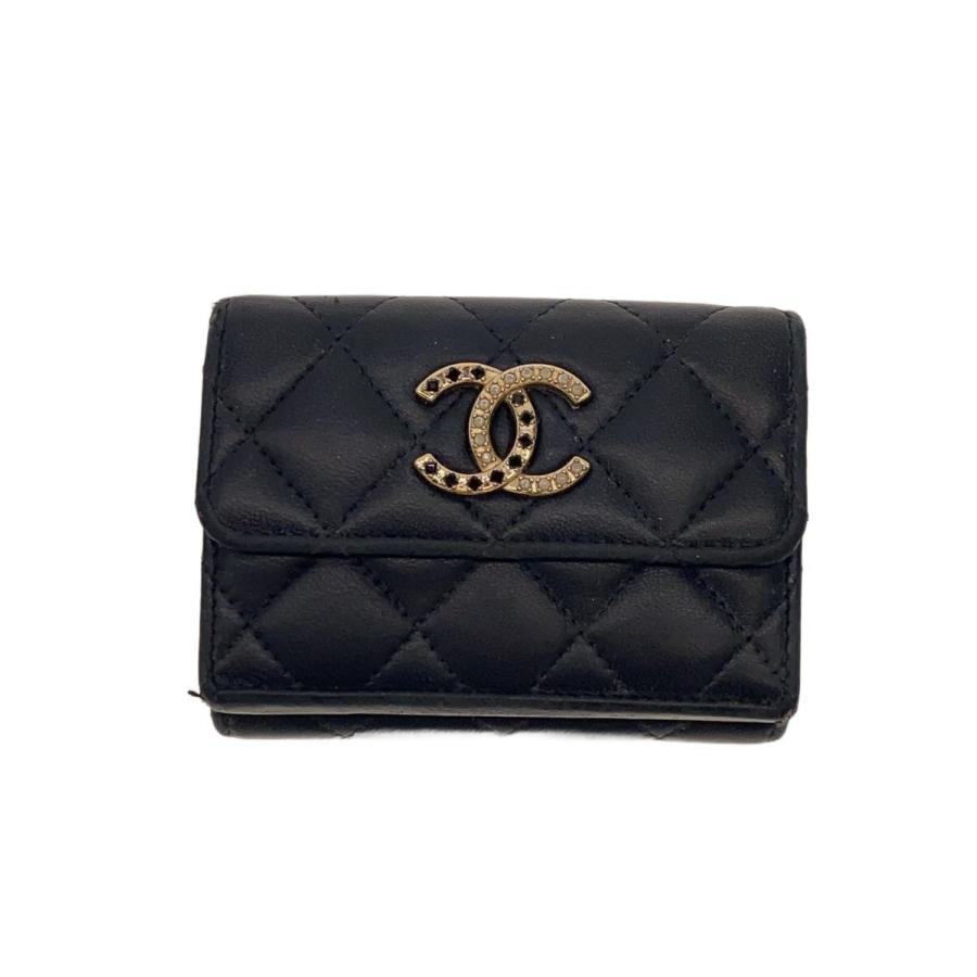 CHANEL◇マトラッセ/ココ3つ折り財布/レザー/BLK/レディース/ap4035