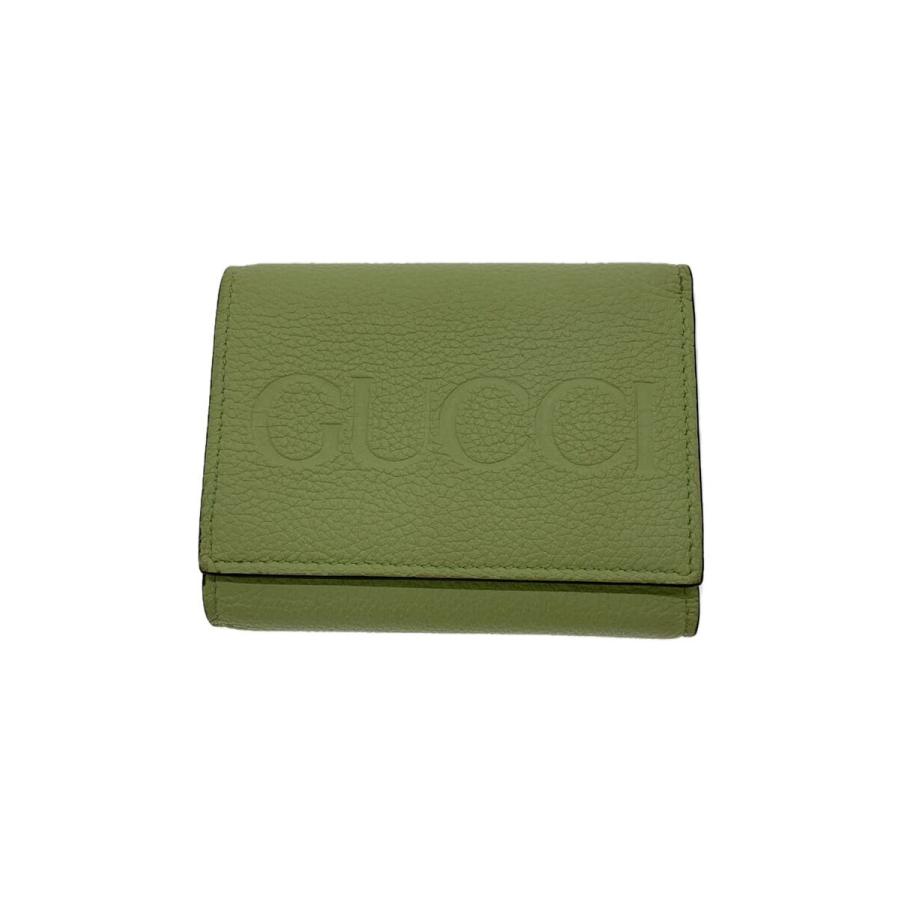 グリーンレザー三つ折り財布 エンボスロゴ GUCCI◇エンボスロゴミニウォレット/3つ折り財布/レザー/ライト
