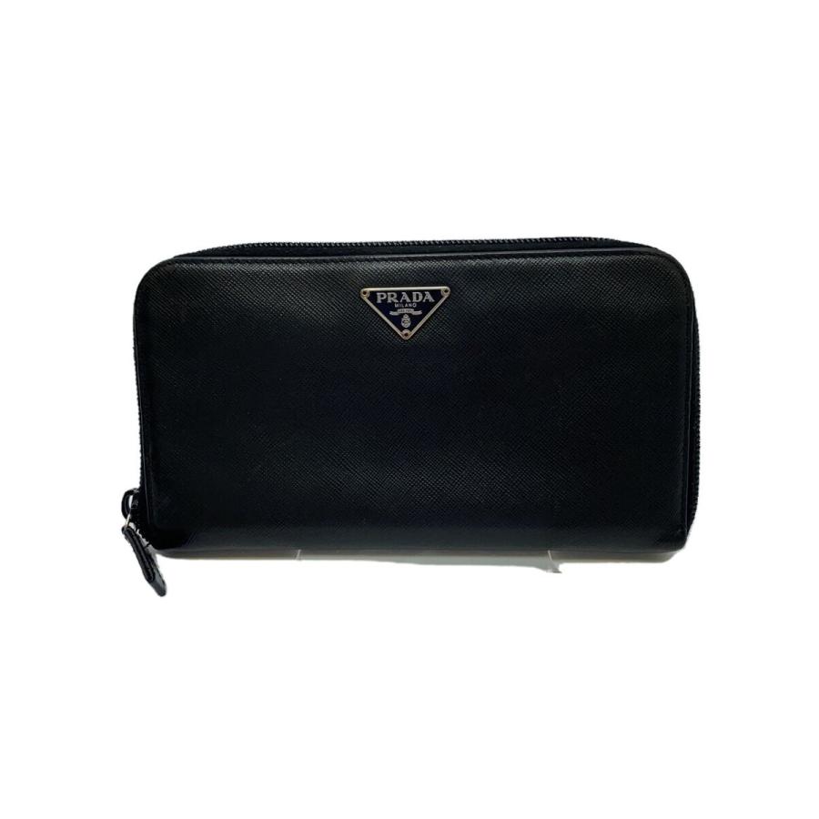 PRADA◇サフィアーノ_ラウンドジップ/長財布/レザー/ブラック/使用感有