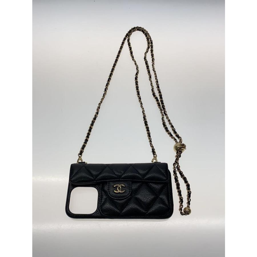 CHANEL◇iPhone13 13PRO/マトラッセ/キャビアスキン/レザー/ブラック 