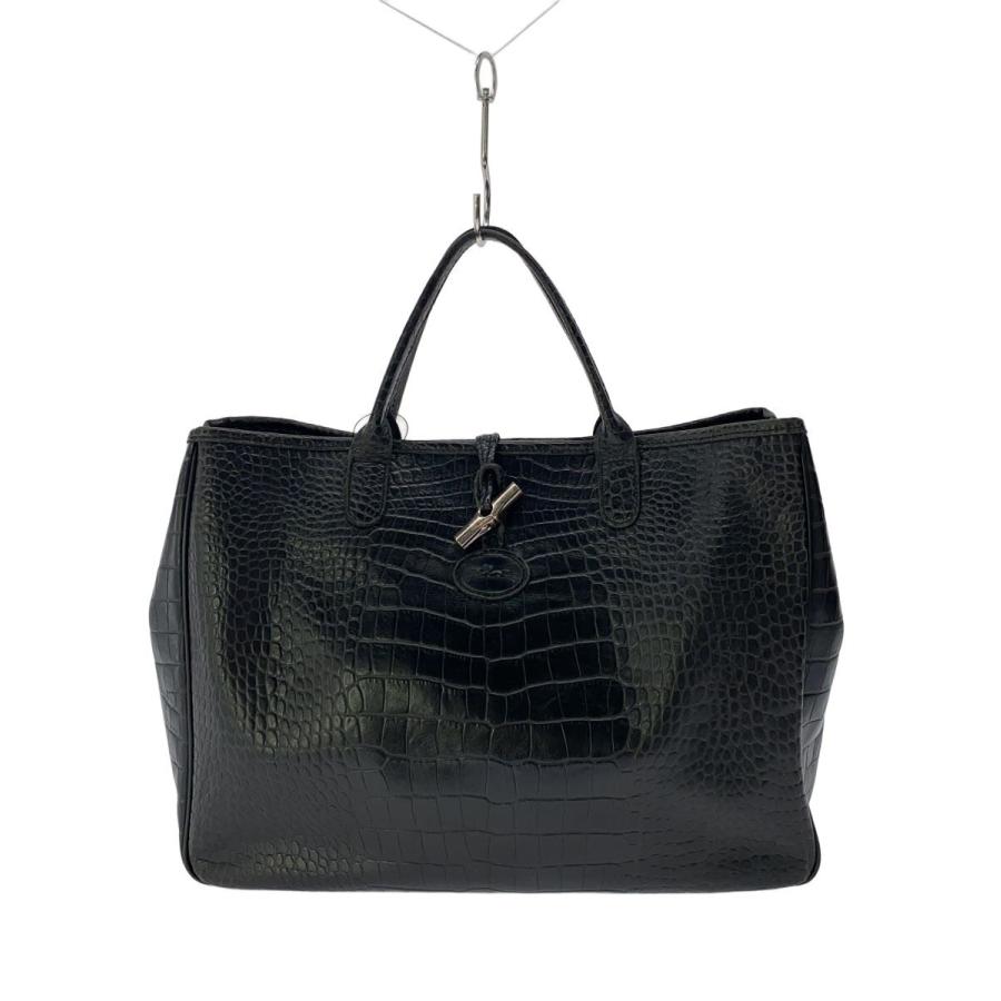 LONGCHAMP◇ロゾサティネ/クロコ型押し/トートバッグ/牛革/ブラック/総