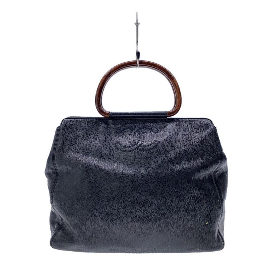 CHANEL◇ウッドハンドル/ココマーク/キャビアスキン/トートバッグ 