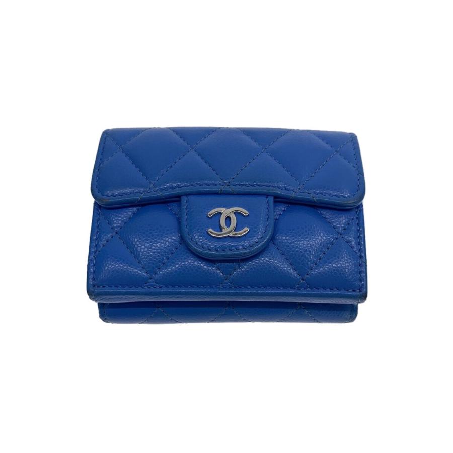 CHANEL◇キャビアスキン/マトラッセ/3つ折り財布/レザー/ブルー/青