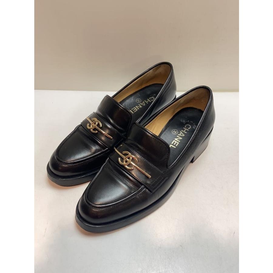 CHANEL◇カーフスキン/チャンキーヒール/ローファー/39/BLK/レザー