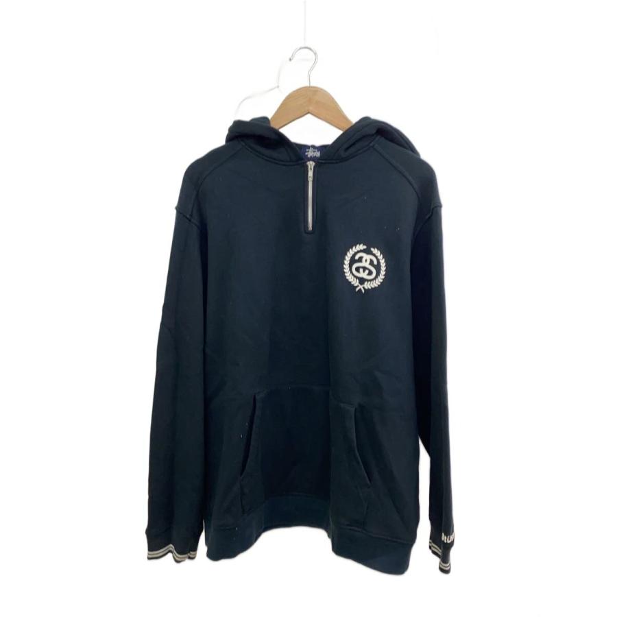 STUSSY◇OLD/90s/ハーフジップパーカー/XL/コットン/BLK/無地