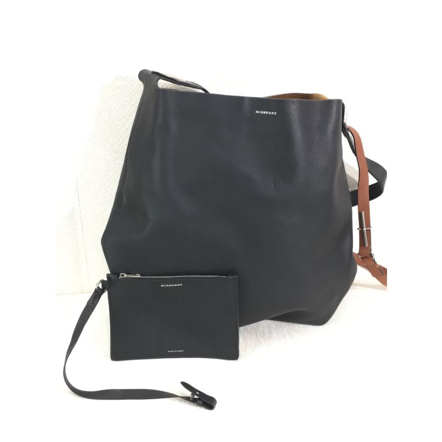 BURBERRY◇バーバリー/トートバッグ/レザー/BLK/無地/ポーチ付属