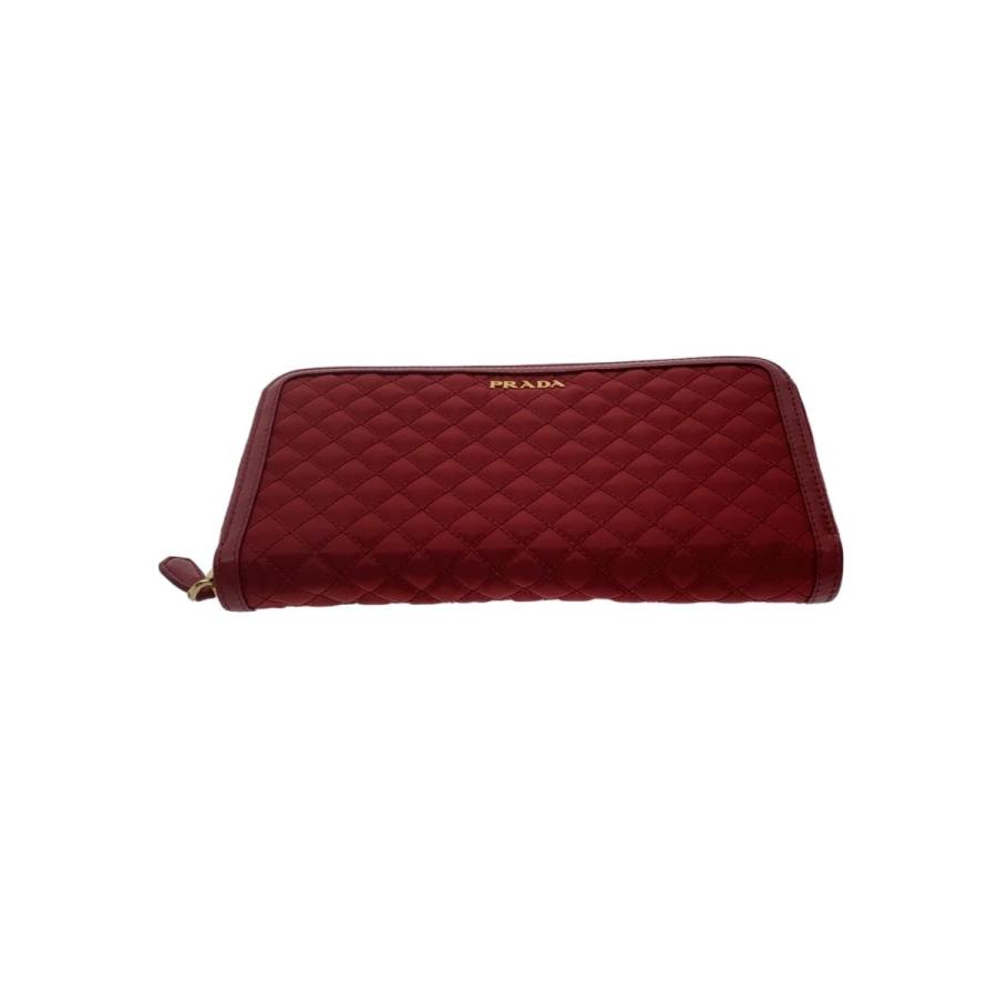 PRADA ナイロンキルティング　メタルロゴ　ラウンドファスナー　レッド　長財布 PRADA◇長財布/ナイロン/RED/無地/レディース/キルティング/ラウンド