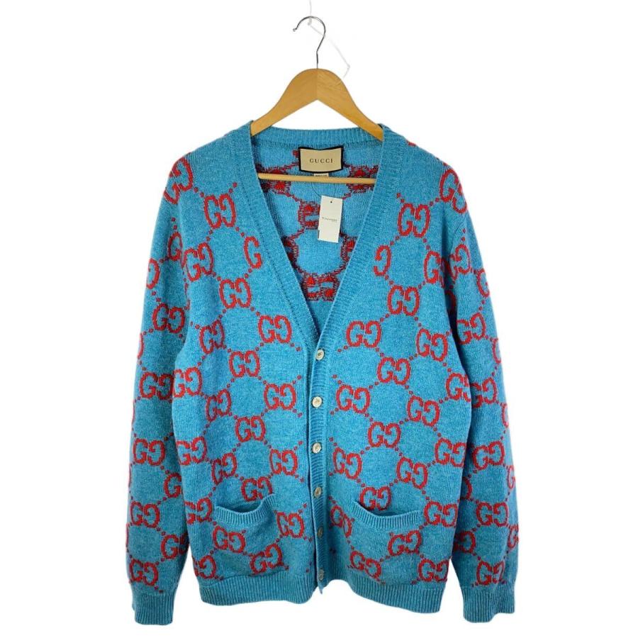 【訳あり】GUCCI 幾何学模様 カーディガン　Sサイズ相当 GUCCI◇カーディガン(厚手)/L/ウール/BLU/総柄/674043 XKB3V