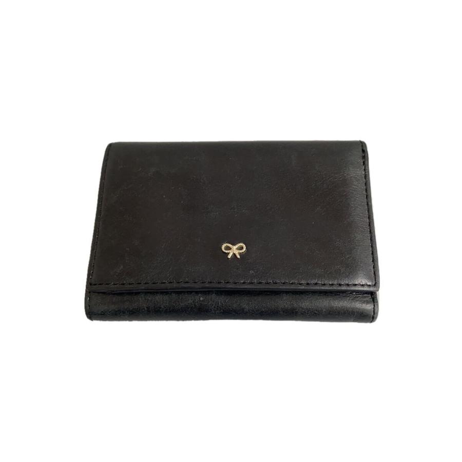ANYA HINDMARCH◇3つ折り財布/レザー/BLK/無地/レディース : セカンド