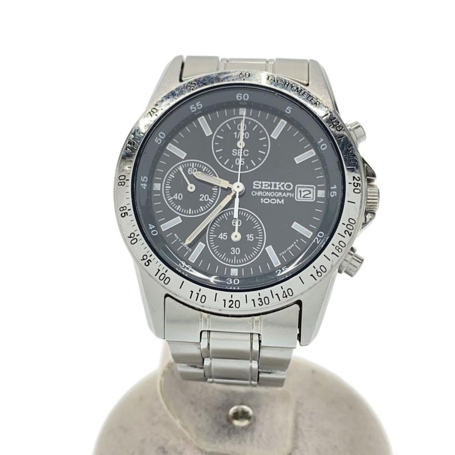 SEIKO◇クォーツ腕時計/アナログ/ステンレス/BLK/SLV/7T92-ODWO/クロノ