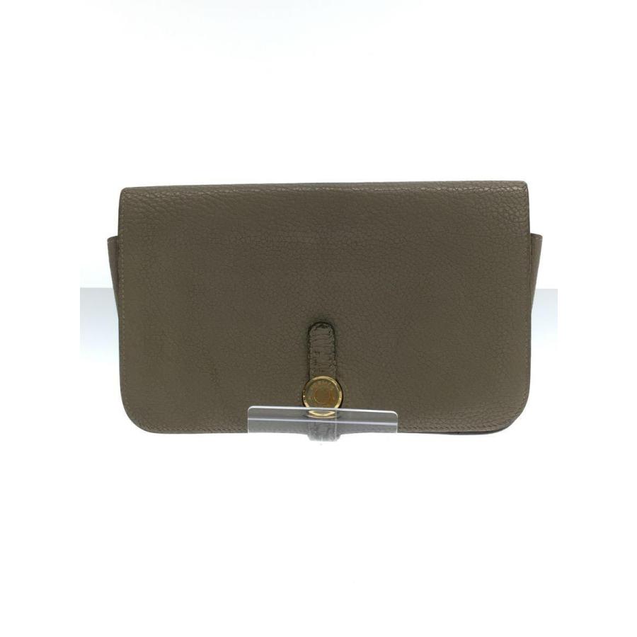 HERMES◇ドゴンGM/R刻印/長財布/レザー/BEG/無地/レディース/ベルト