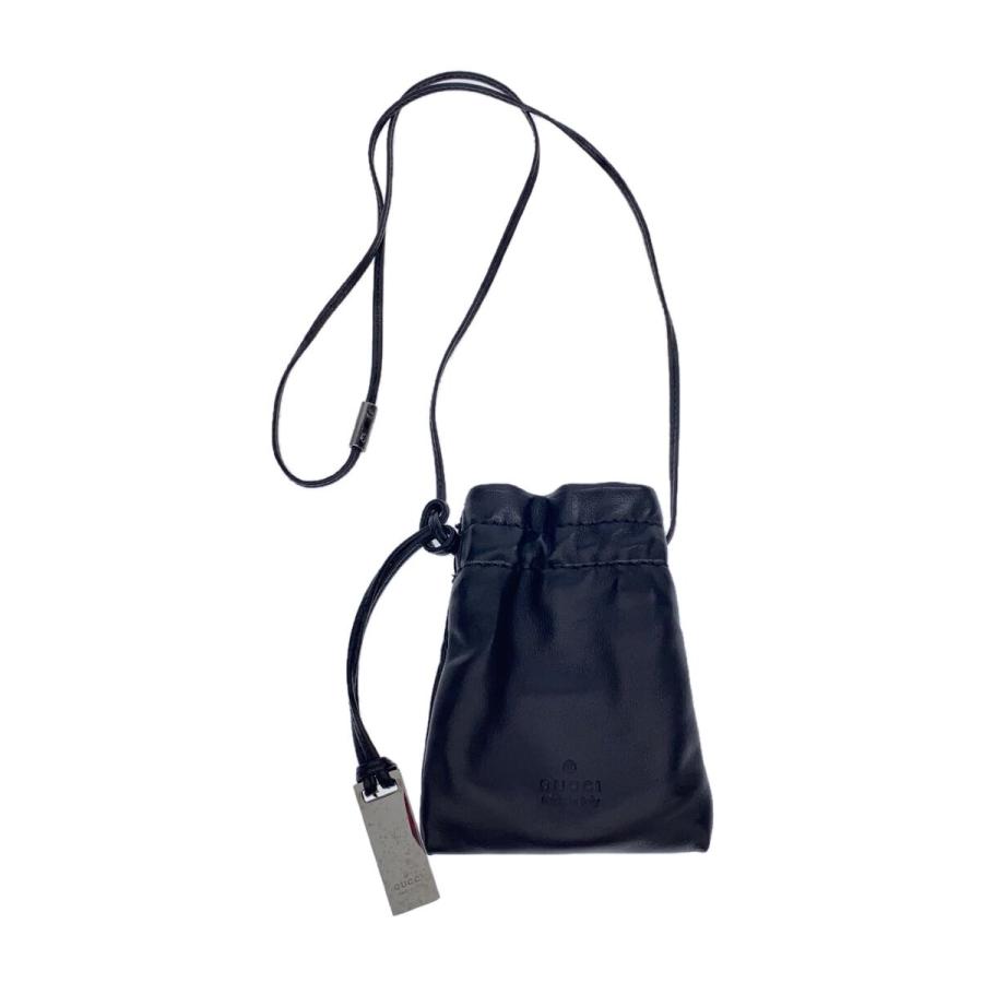 Gucci 黒　ロゴ入り 巾着ポーチ GUCCI◇ネックミニポシェット/巾着/ロゴプレート/アクセサリー/レザー