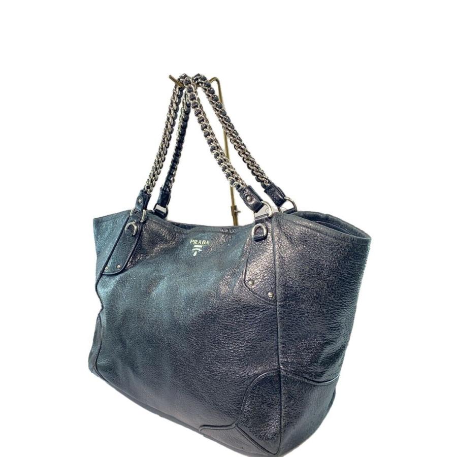 PRADA◇CERVO LUX NERO/メタリック/チェーントートバッグ/レザー/BLK 