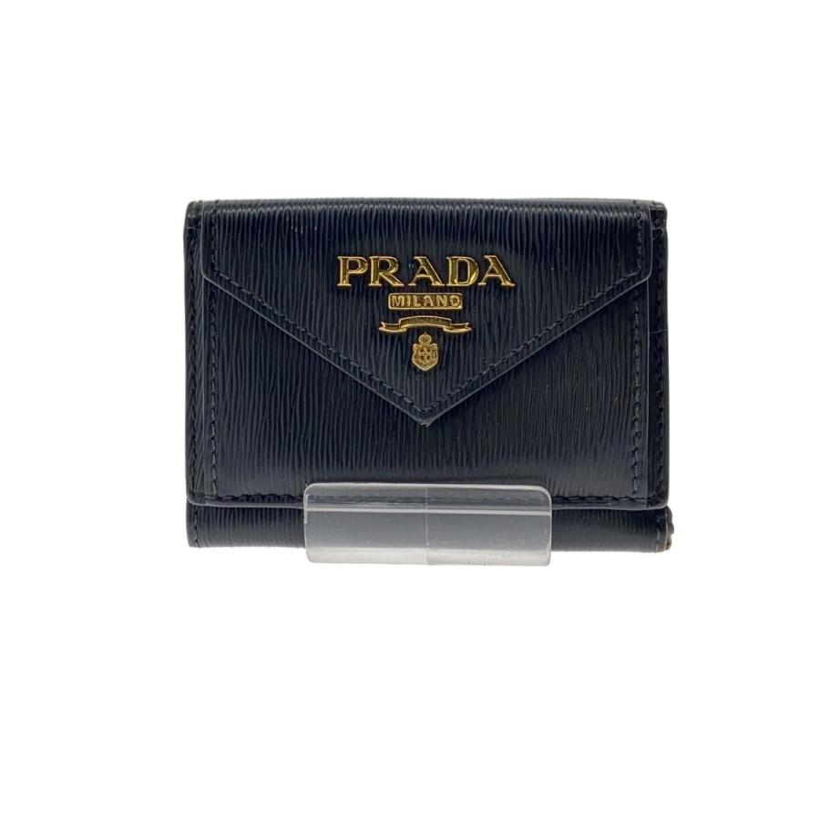 【美品】PRADA プラダ 三つ折り財布 サフィアーノ 1MH021 PRADA◇3つ折り財布/レザー/BLK/レディース/1MH021// : セカンド