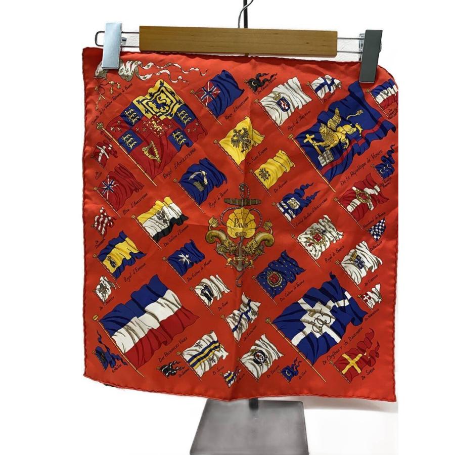 HERMES◇カレ45/PAVOIS/船旗/スカーフ/シルク/RED/総柄/レディース