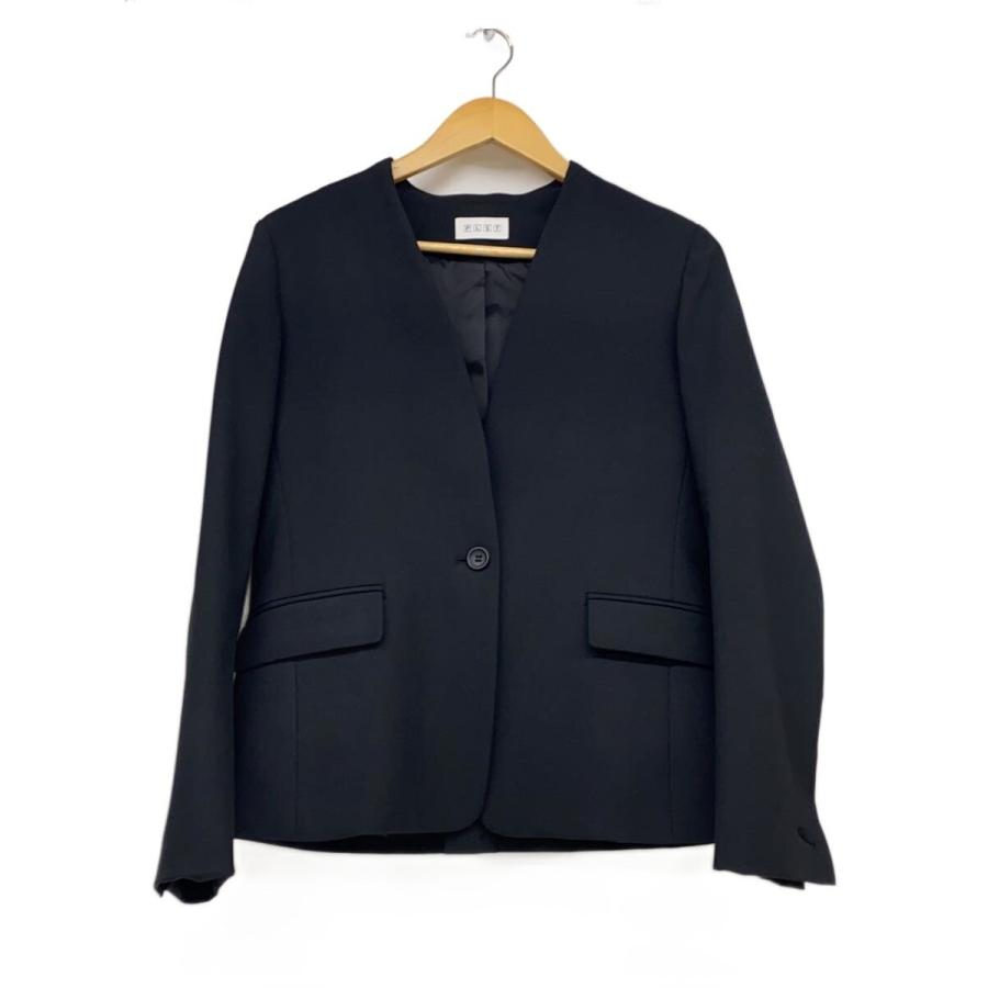 PLST◇ブラッシュドバックカラーレスジャケット/M/ポリエステル/BLK