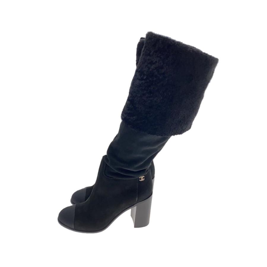 CHANEL◇ロングブーツ/38/BLK/スウェード/ココ : 2337870578963 