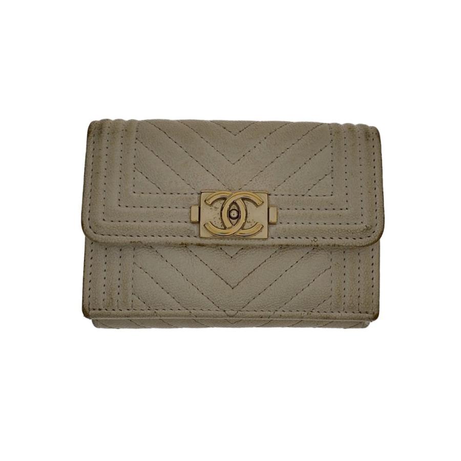 CHANEL◇BOY CHANEL/3つ折り財布/レザー/WHT/無地/レディース