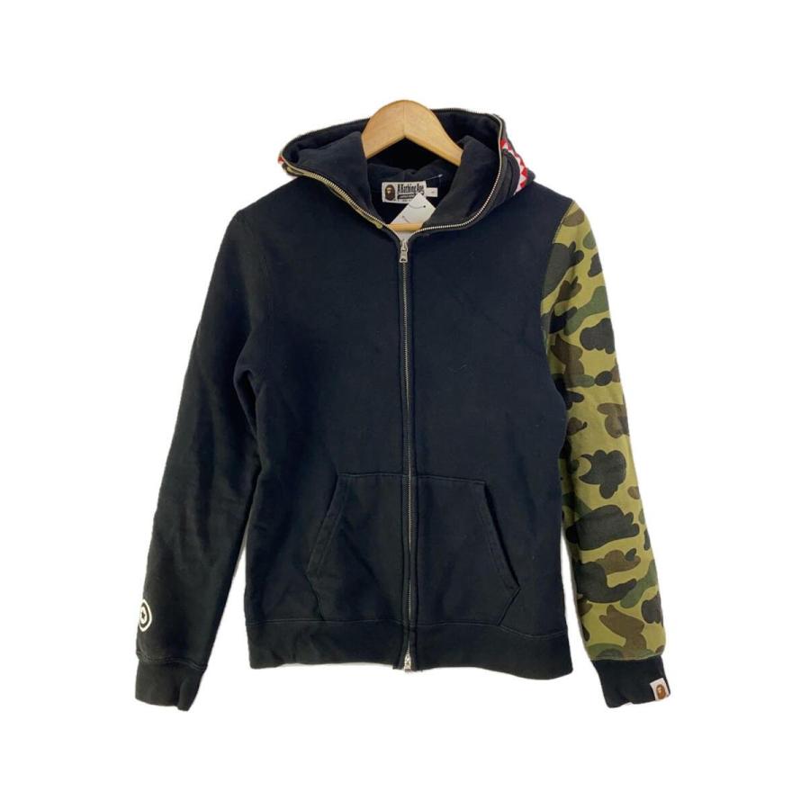 A BATHING APE◇ジップパーカー/シャーク/S/裏起毛/コットン/BLK 