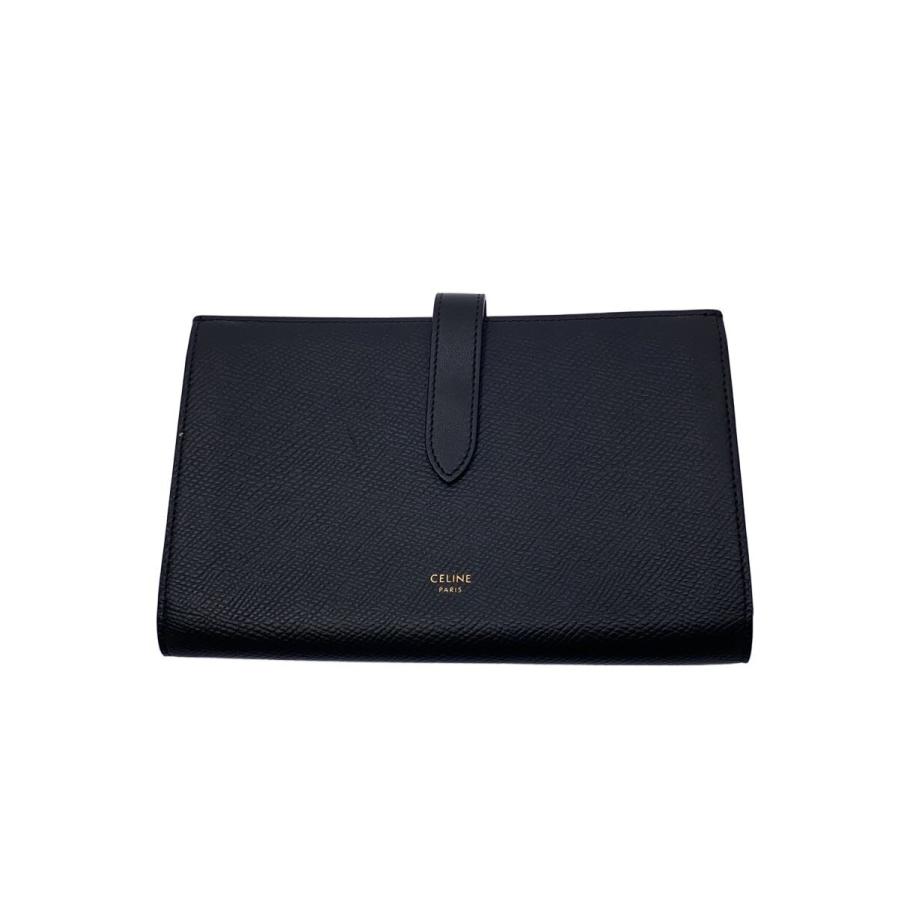 【美品】CELINEセリーヌラージストラップウォレット レザー 二つ折り長財布 CELINE◇ラージストラップウォレット/シボ/シュリンク/長財布/レザー