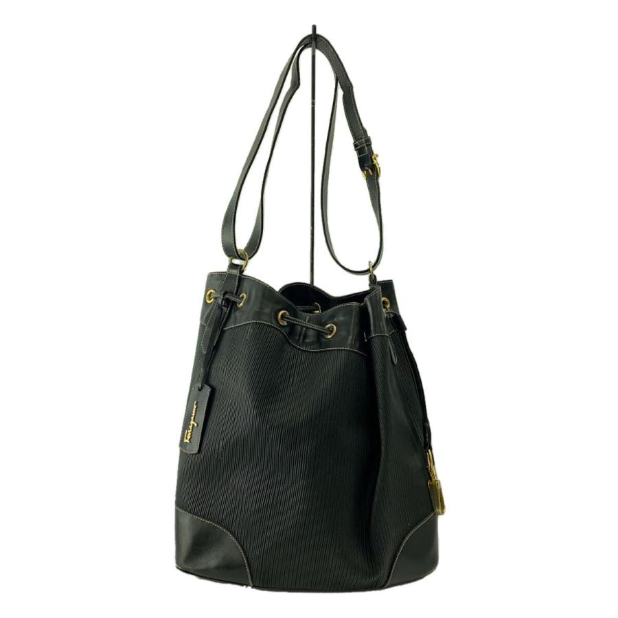 Salvatore Ferragamo◇90s/巾着バッグ/レザー/ブラック/ag21 2199/角
