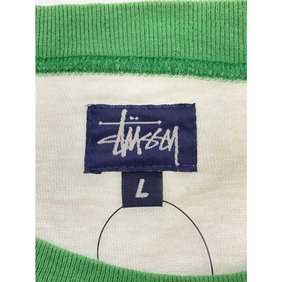 STUSSY◇90s 紺タグ/リンガーTシャツ/L/ホワイト×グリーン/21/Si//OLD