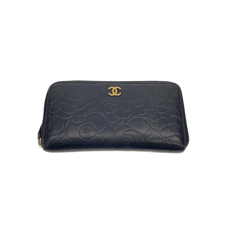 CHANEL◇カメリア ラムスキン_レザーウォレット/長財布/羊革/黒 