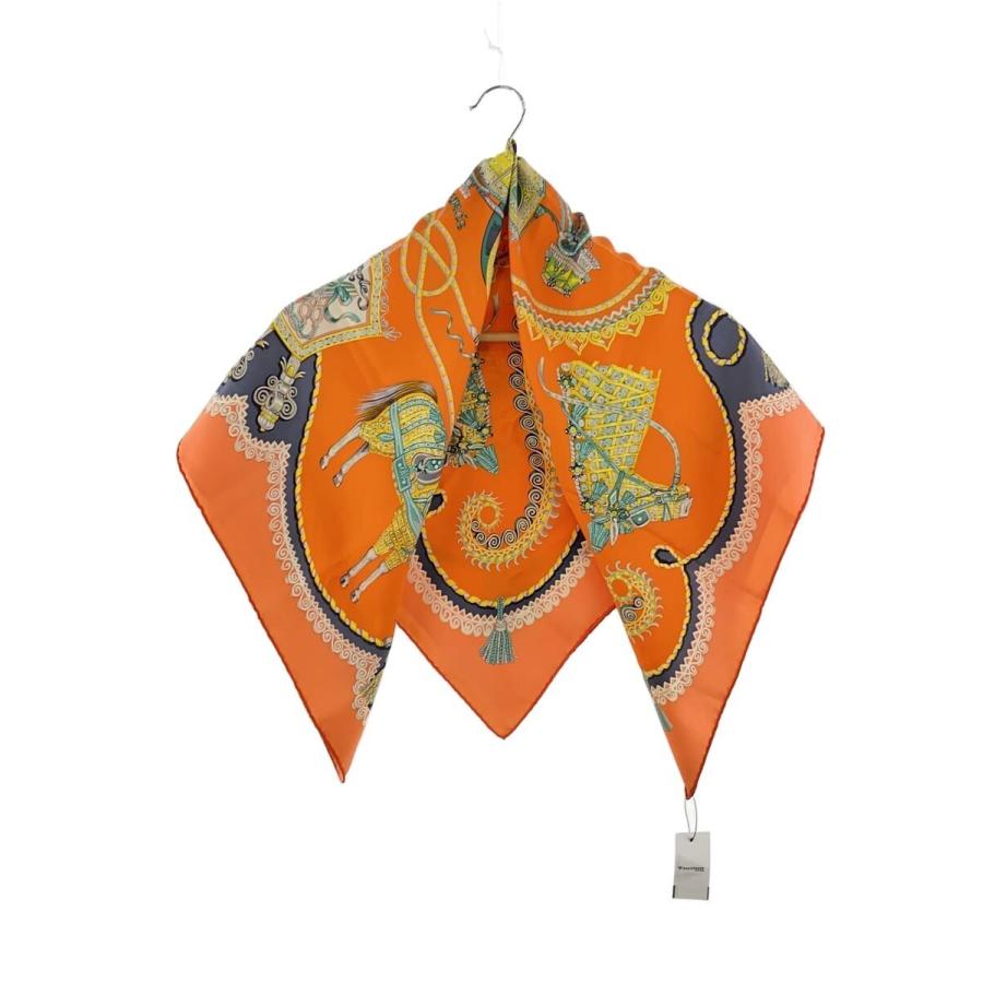 HERMES◇スカーフ/シルク/オレンジ/総柄/レディース : セカンド
