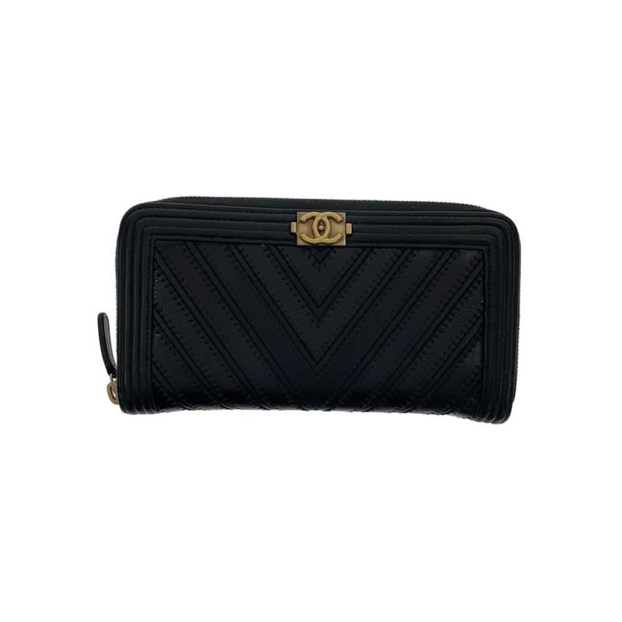 CHANEL◇長財布/レザー/BLK/レディース/ボーイシャネル Vステッチ