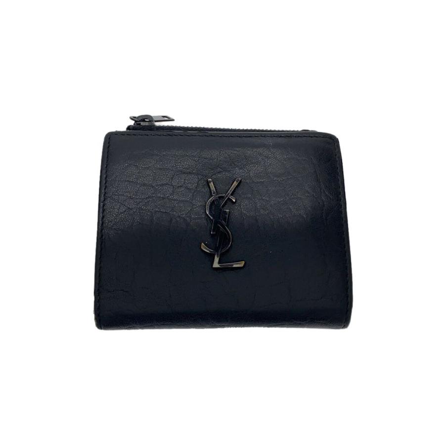 【美品/付属品付】サンローラン 二つ折り財布 スマート クロコ型押し ブラック SAINT LAURENT◇コンパクトウォレット/2つ折り財布/レザー/ブラック