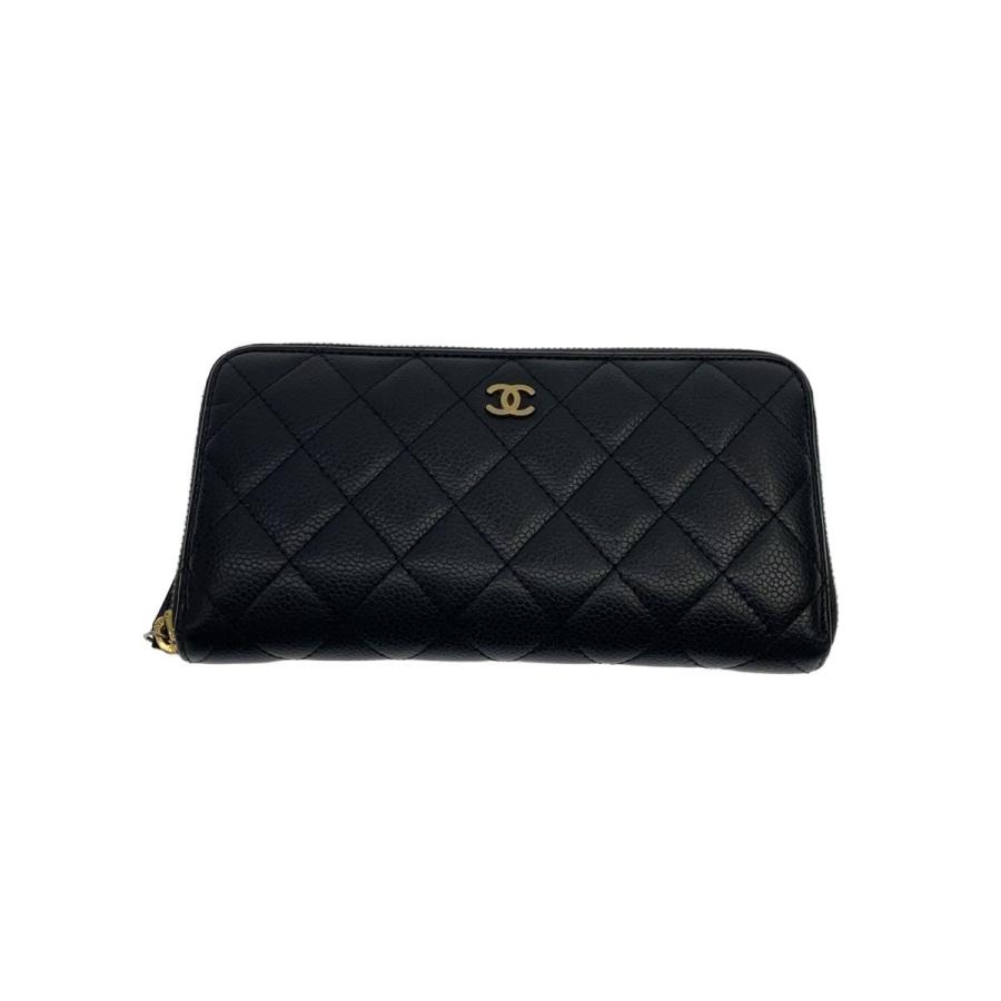 CHANEL◇マトラッセ/キャビアスキン/長財布/レザー/BLK/レディース 