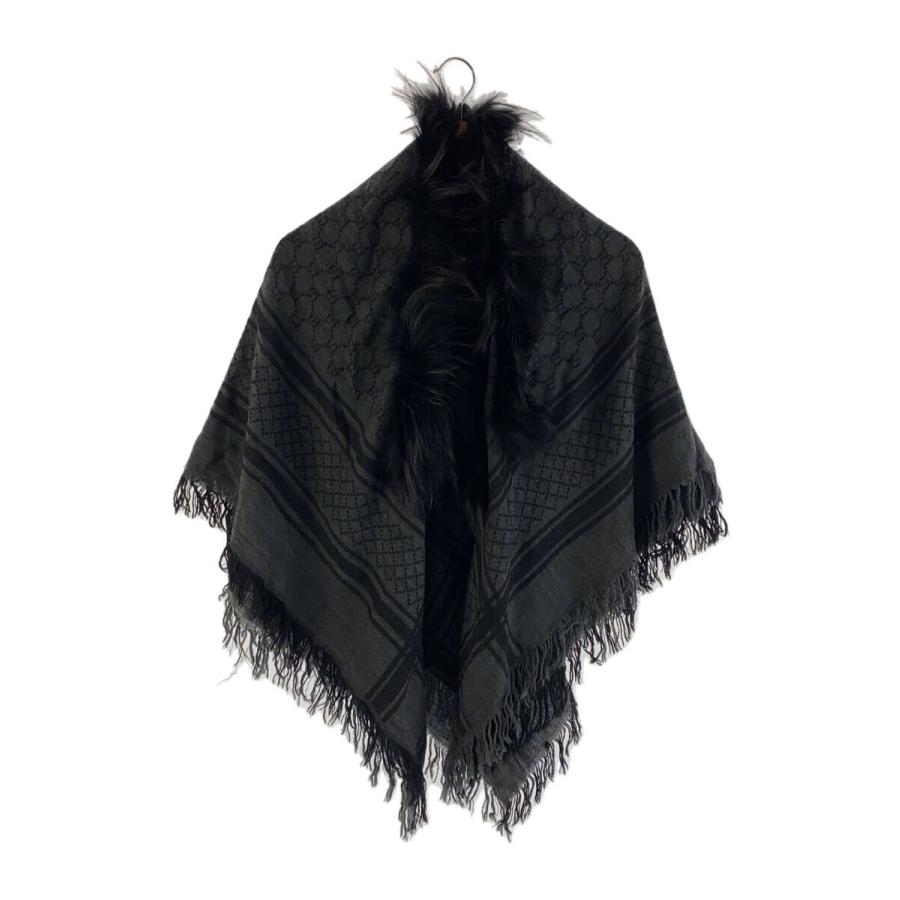 GUCCI◇ストール/ウール/BLK/総柄/レディース/シルク混/FOXファー付き
