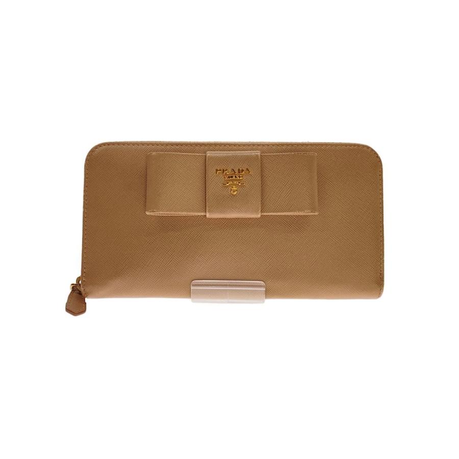 PRADA◇サフィアーノ/リボン/長財布/レザー/ベージュ/レディース