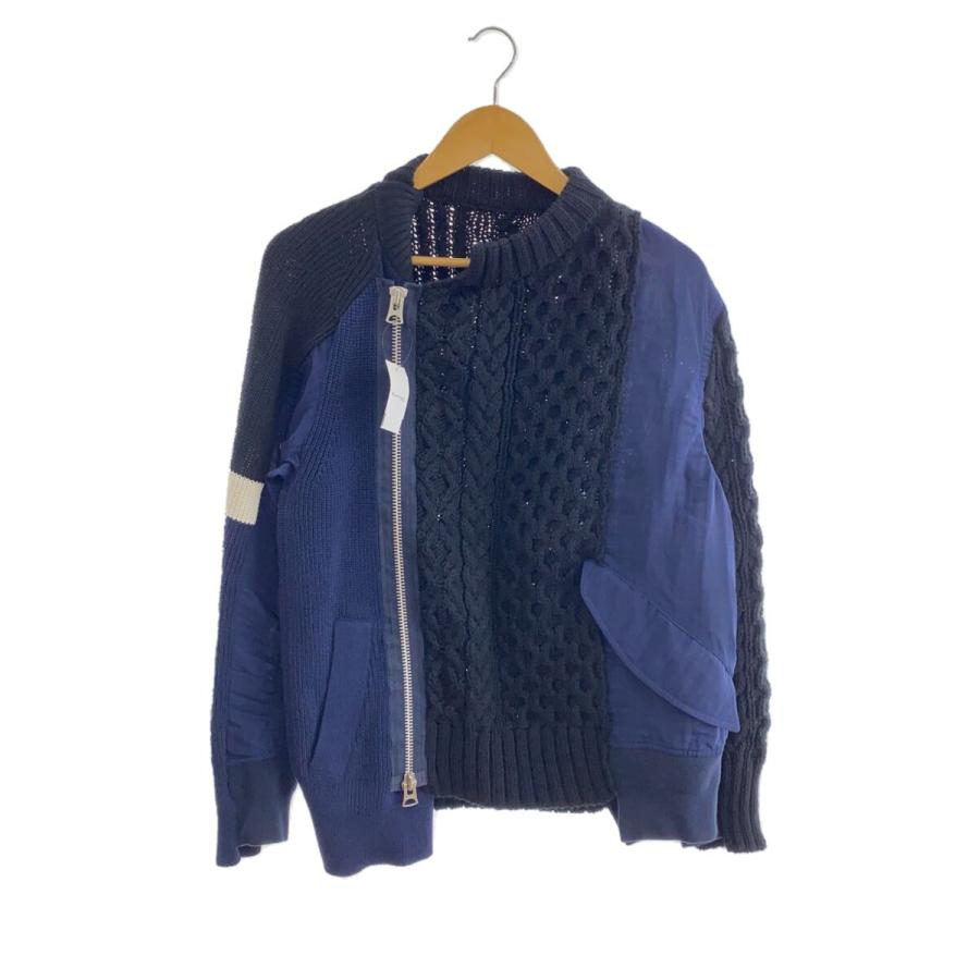sacai◇ニット切替ライダースジャケッ/ドッキング/1/ネイビー